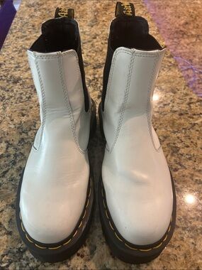 Dr. Martens White Leather Chelsea Combat Boots with Yellow Stitching